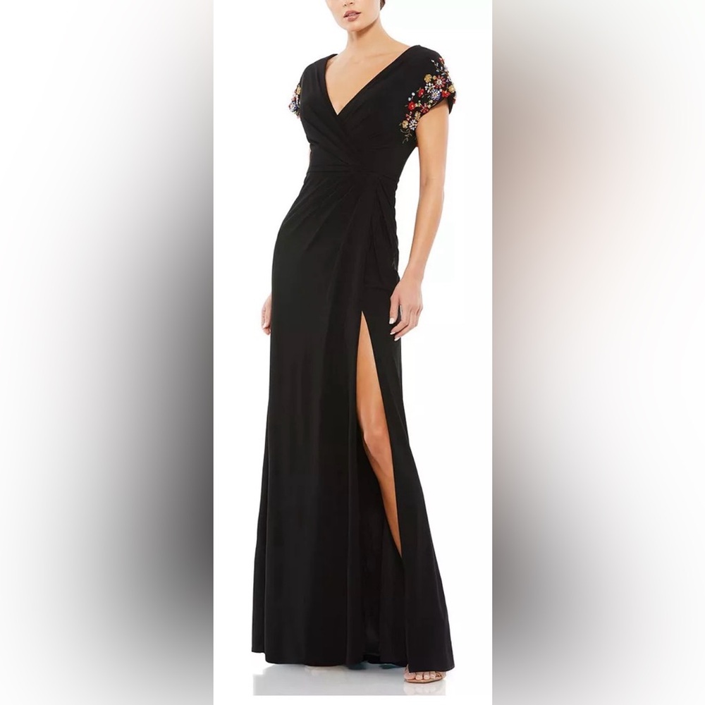 Ieena for Mac Duggal || Embellished Sleeve Jersey Wrap Gown || Style 55709